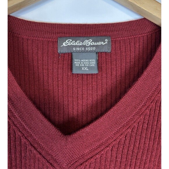 Eddie Bauer 100% Merino Wool Red Burgundy Pullover V Neck Sweater Vest Men’s XXL - Picture 5 of 6